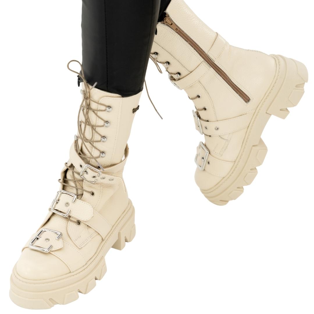 Bocanci înalți piele bej Combat Ted Shoes – vedere laterală