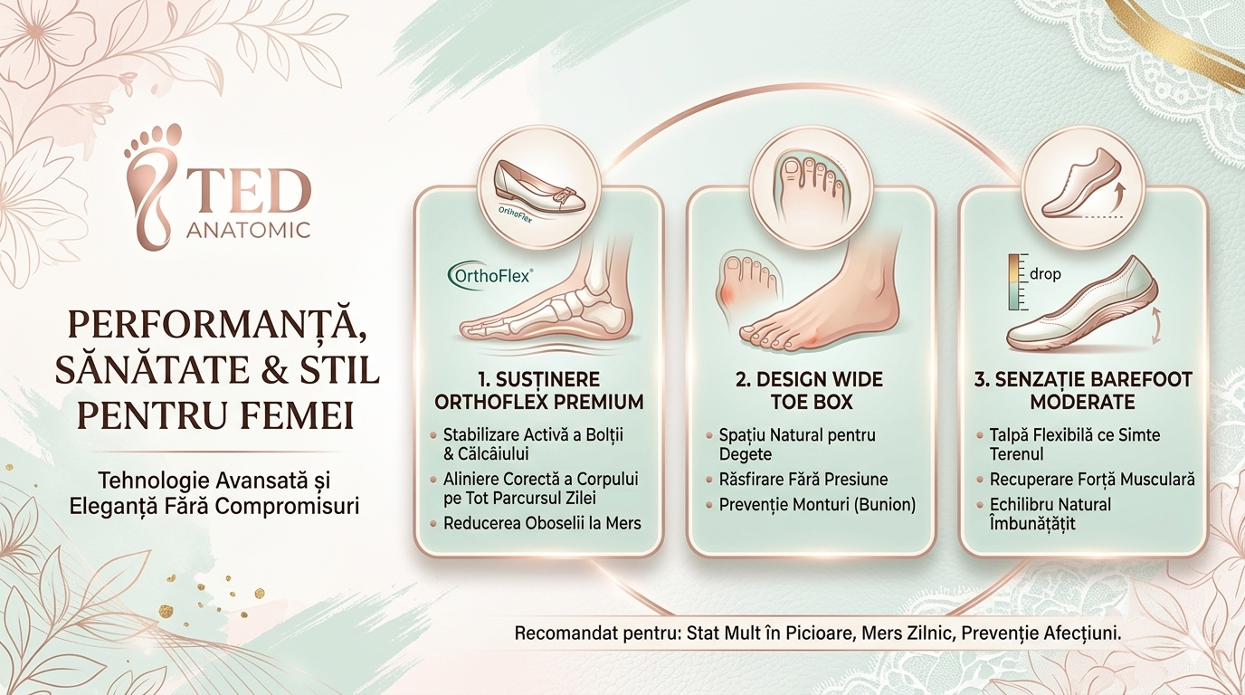 Infografic Beneficii Incaltaminte Anatomica Dama Ted Shoes (Wide Toe Box, OrthoFlex)