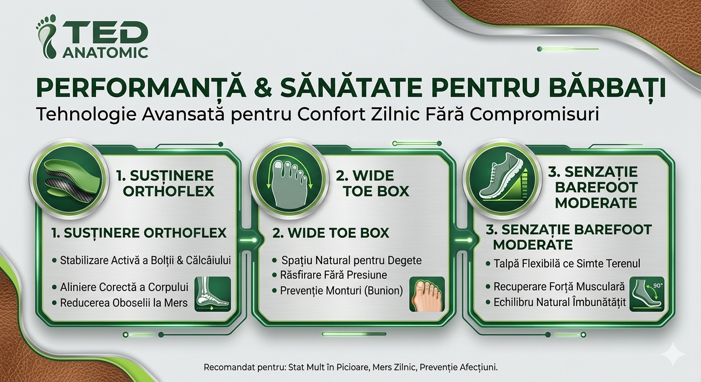 Infografic Beneficii Incaltaminte Anatomica Barbati Ted Shoes (Wide Toe Box, OrthoFlex)