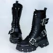 Ghete motor negre din piele cu accesorii metalice argintii si cu catarame,