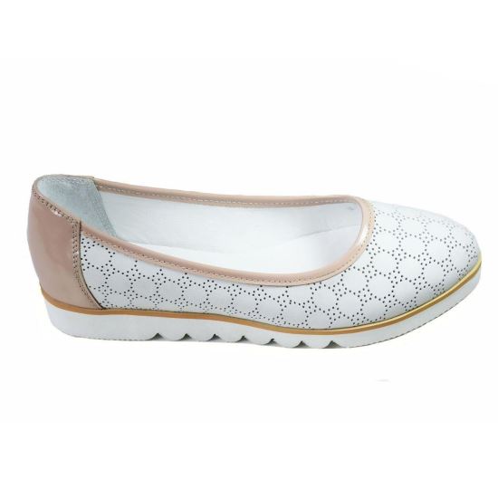 Balerini dama perforati, F259 ALB+NUDE, din piele naturala
