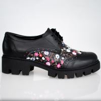 Pantofi dama casual oxford ISA1 negrii cu imprimeu floral