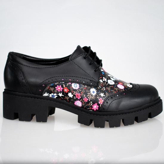 Pantofi dama casual oxford ISA1 negrii cu imprimeu floral